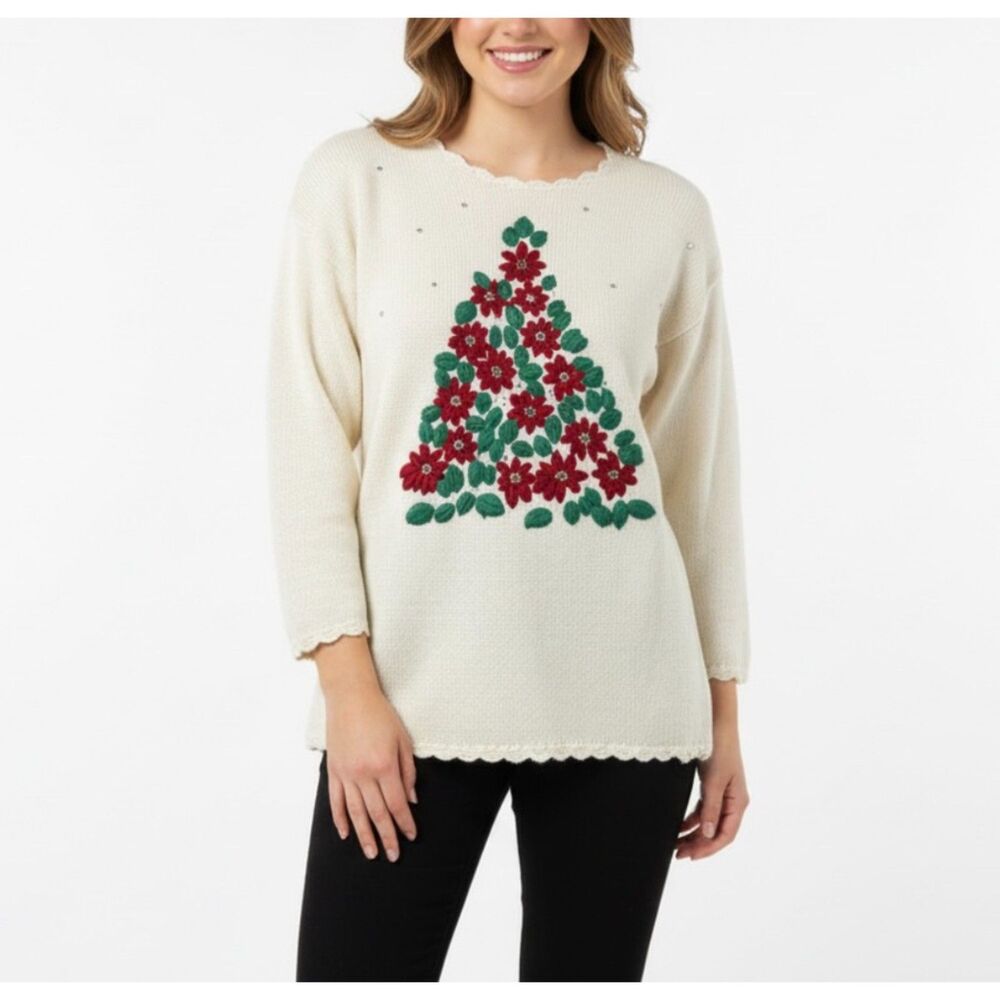 VTG Work In Progress Women's Ivory Red Christmas Tree 3/4 Sleeve Sweater Size M